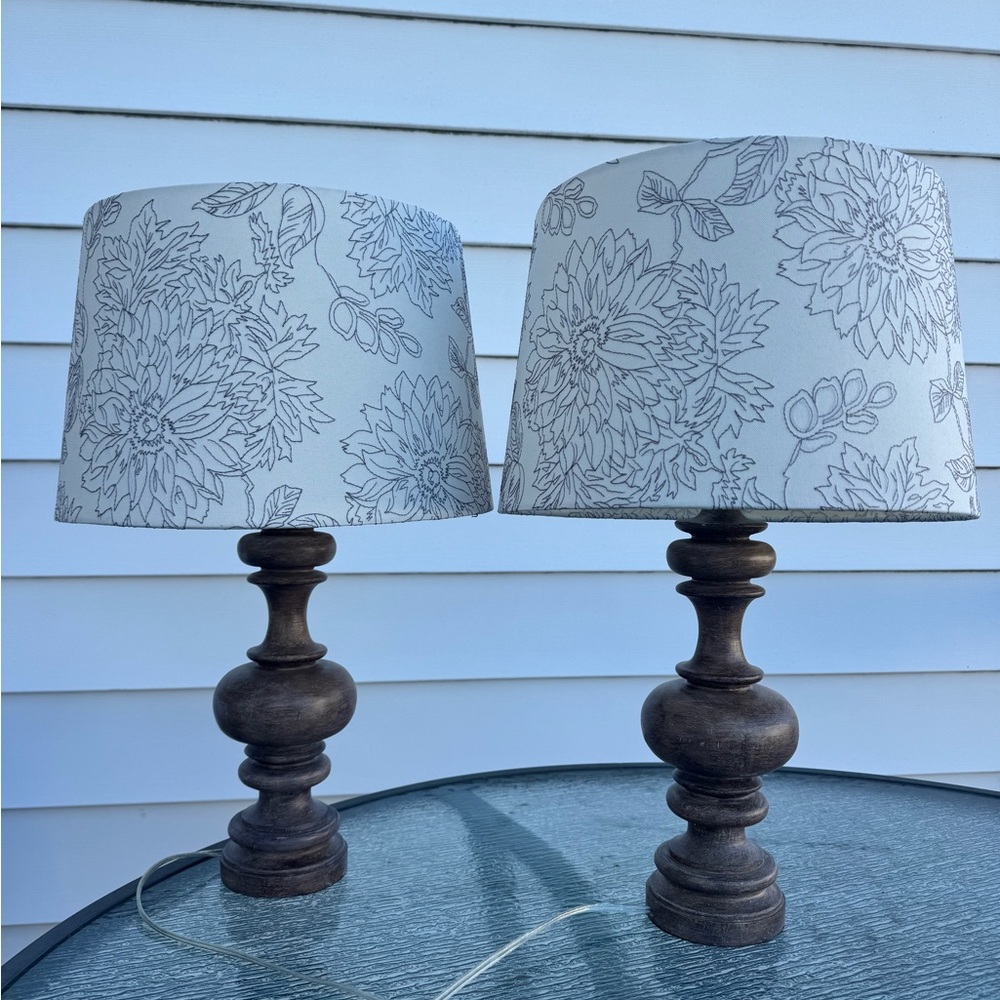 Chic Floral Table Lamps with Dark Wood Base. Height: 24” | Base: 5” | Shade: 10”